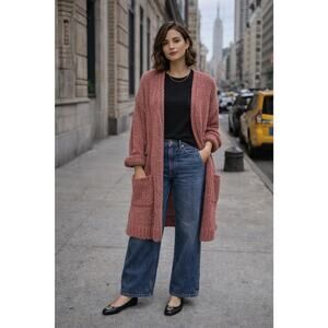 Free People Simply Sienna Dusty Rose Knit Cardigan Open Cozy Long Sleeve Sz L